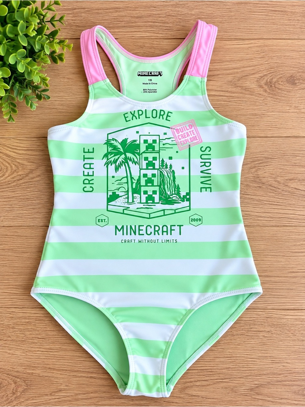 Minecraft Girls’ One-Piece Swimsuit – Size 7/8 💚⛏️